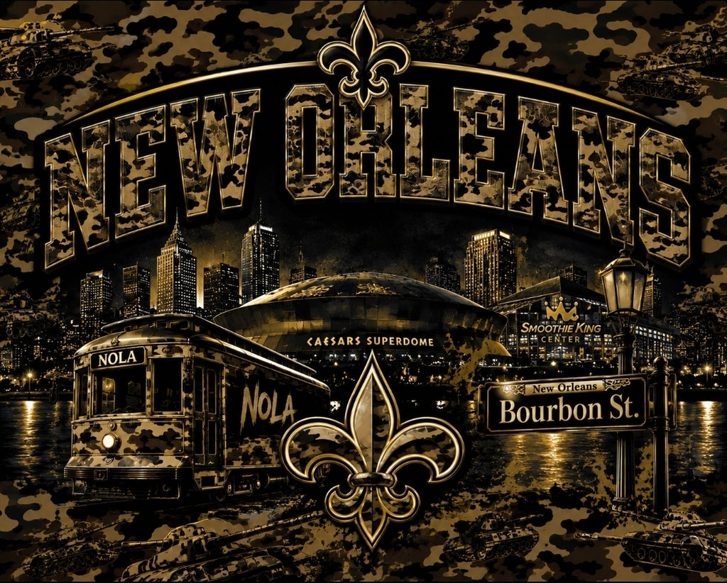Decorative image of New Orleans with a fleur de lis, Caesars Superdome, Bourbon St., and NOLA streetcar.