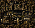 Decorative image of New Orleans with a fleur de lis, Caesars Superdome, Bourbon St., and NOLA streetcar.