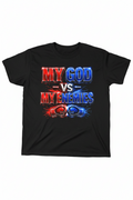 Text 'MY GOD VS MY ENEMIES' in red and blue with boxing glove icons on a dark background