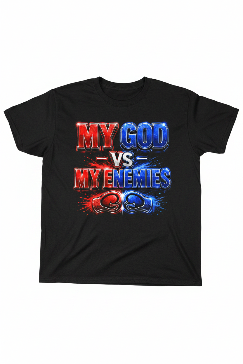Text 'MY GOD VS MY ENEMIES' in red and blue with boxing glove icons on a dark background