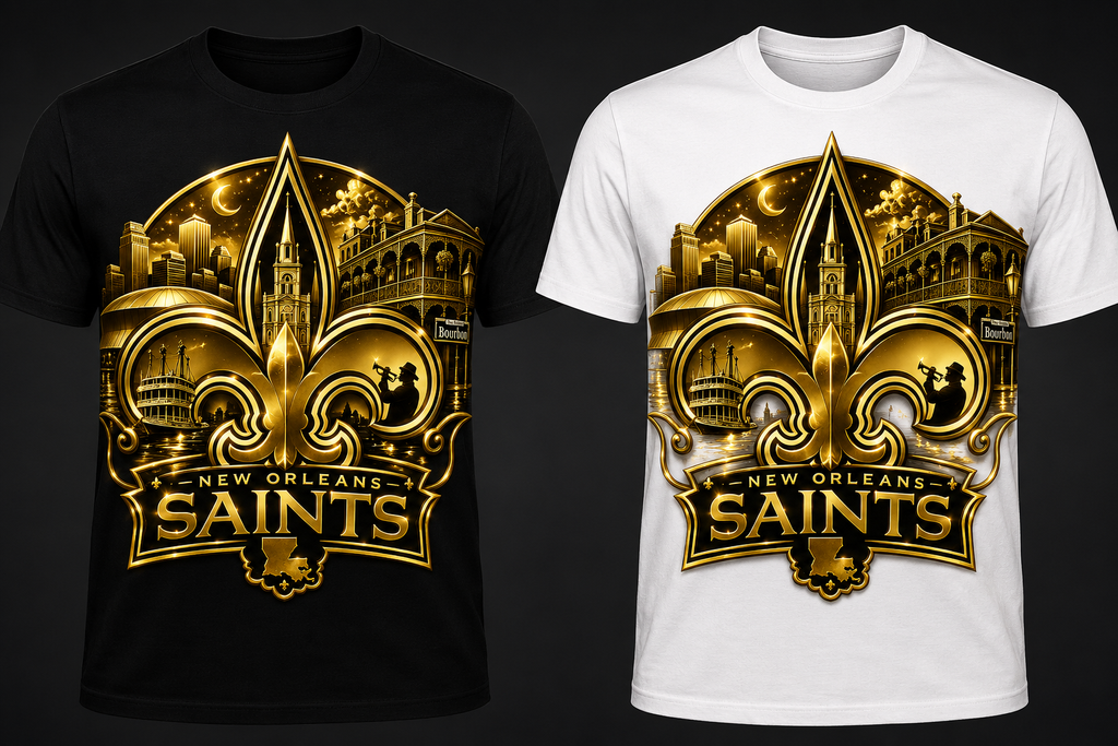 Black and white t-shirts with New Orleans Saints logo featuring gold design.