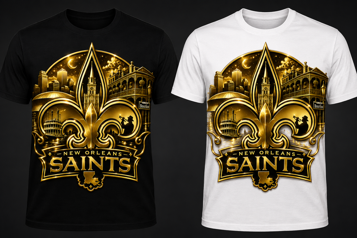 Black and white t-shirts with New Orleans Saints logo featuring gold design.