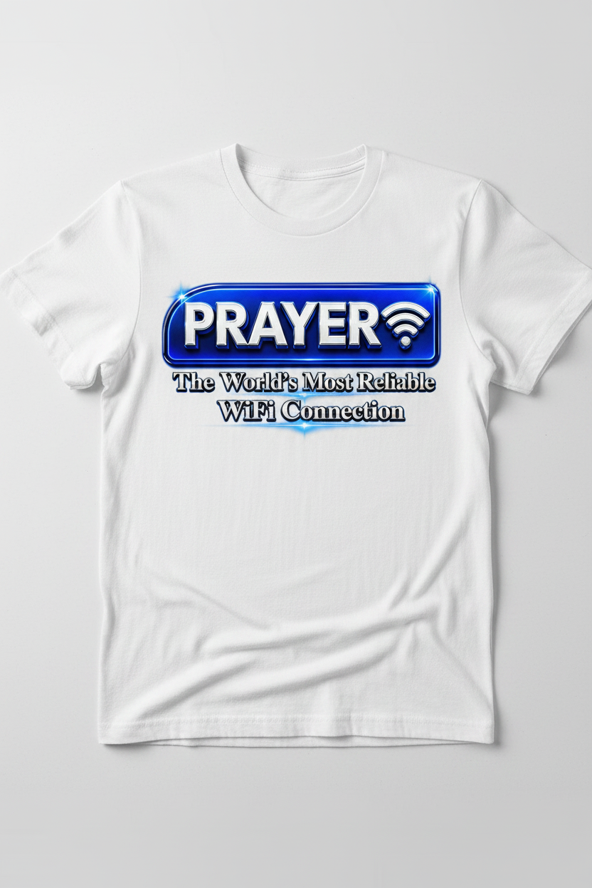 Neon sign with 'PRAYER' and 'The World's Most Reliable WiFi Connection' text on a black background