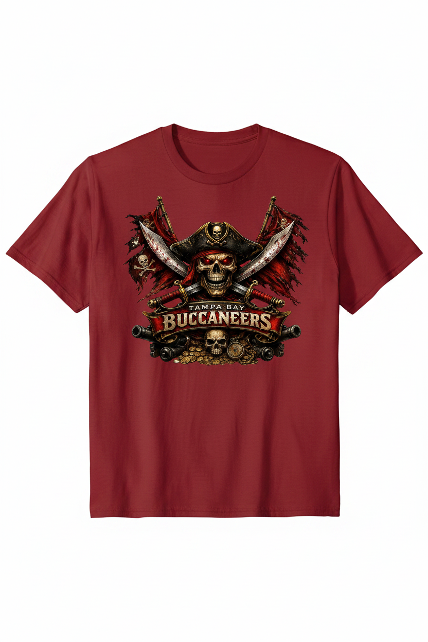 Pirate-themed logo with crossed swords, skull, and 'Tampa Bay Buccaneers' text on a transparent background