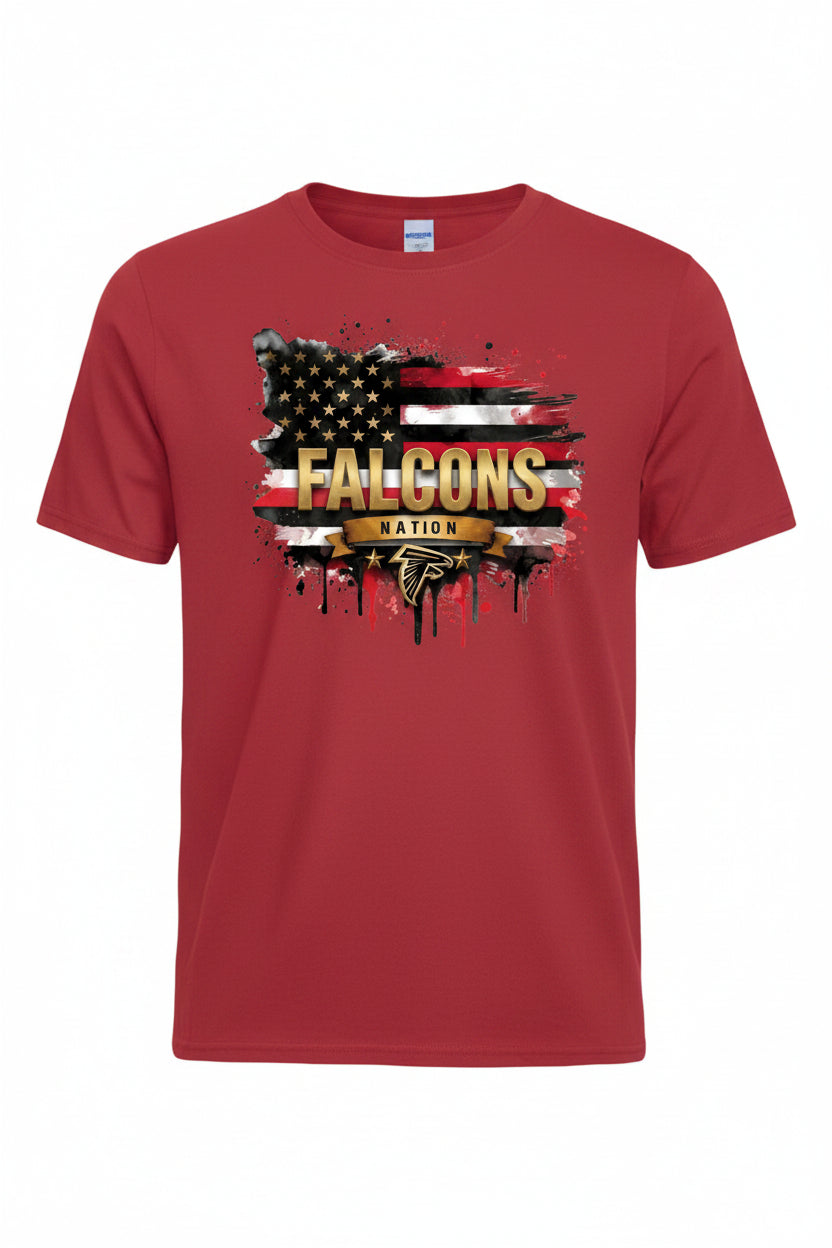 American flag with 'Falcons Nation' text and logo on a white background