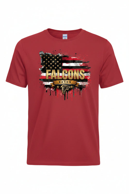 American flag with 'Falcons Nation' text and logo on a white background